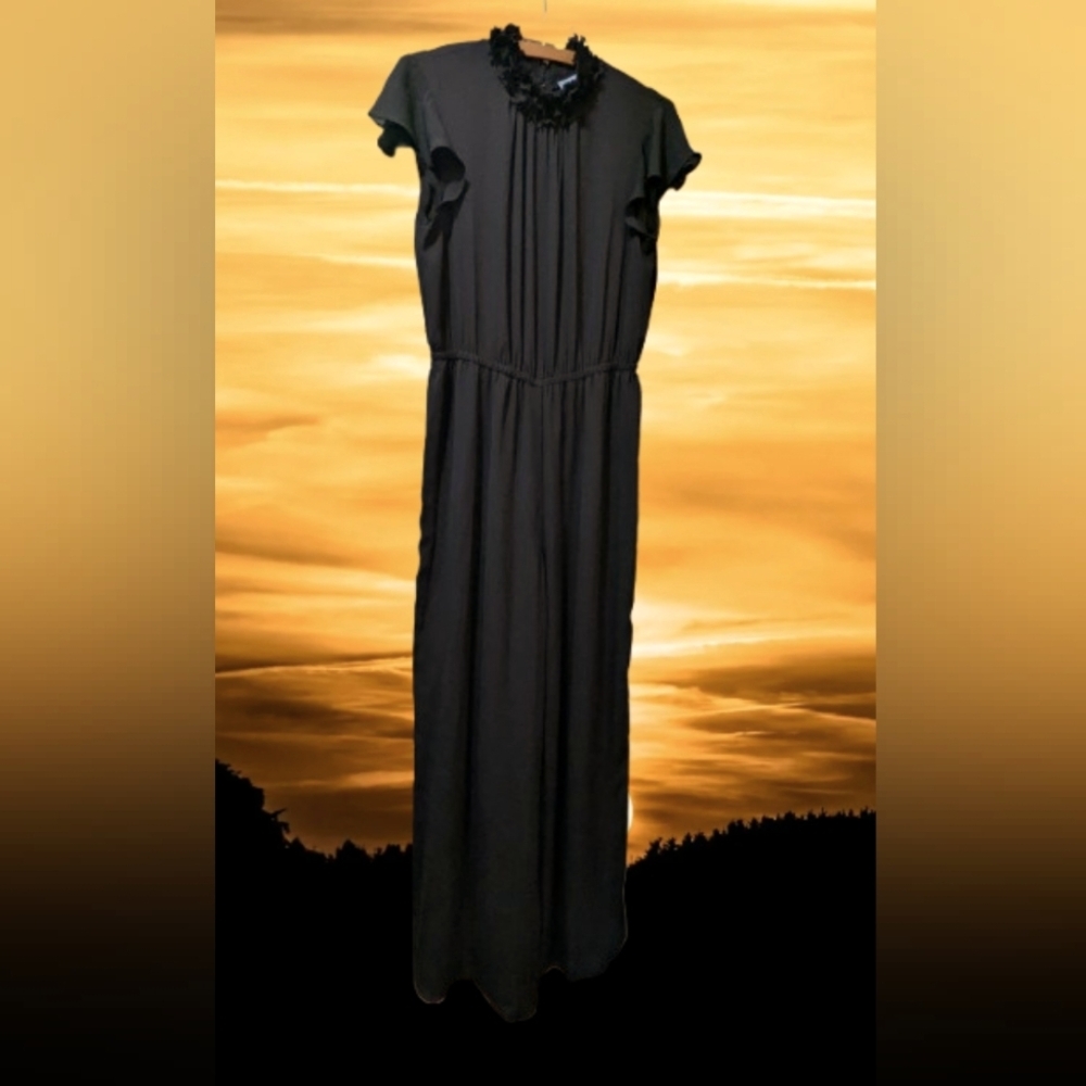 CeCe Elegant Black Maxi Pant One-piece with Ruffle Accent Keyhole Back Size 12